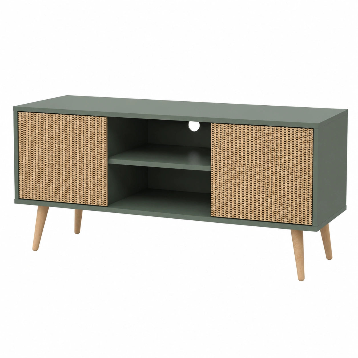 Meuble TV, avec rangement, en résine tressée, coloris vert, pour le salon