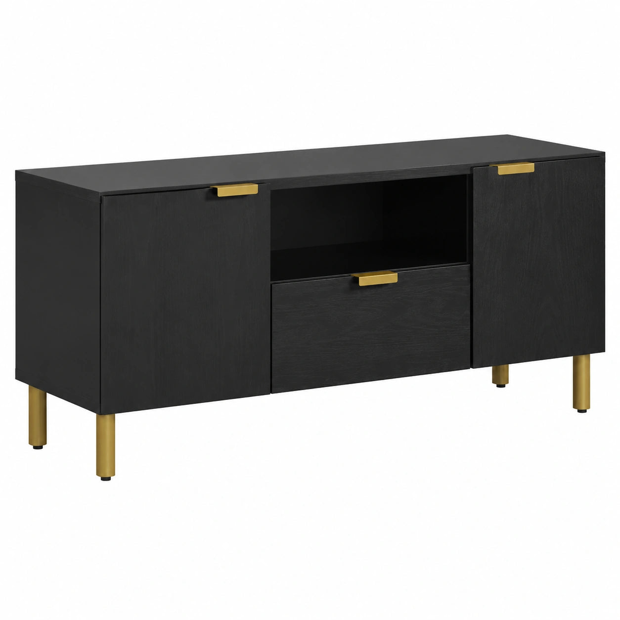 Meuble TV, avec rangement, en bois massif et métal, 100 x 33 x 46 cm, coloris noir, pour le salon