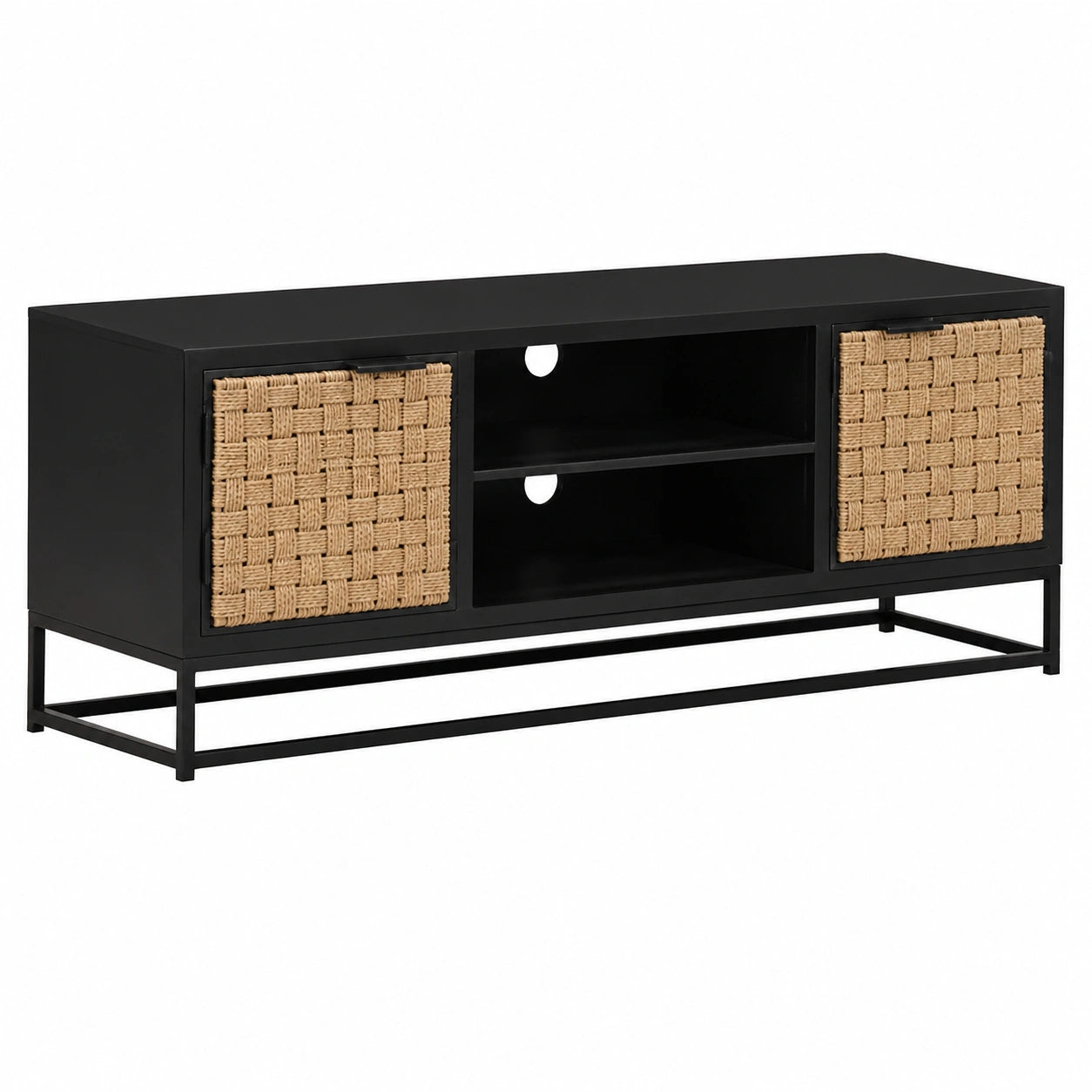Meuble TV, avec rangement, avec portes, en bois massif, coloris noir et naturel, 120 x 30 x 40 cm, pour le salon