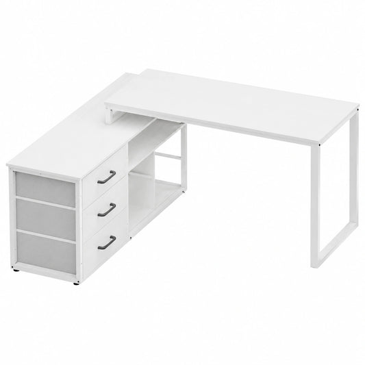 Bureau, réglable, avec tiroirs, avec prise intégrée, coloris blanc, 140 x 105 cm, pour l’espace de travail