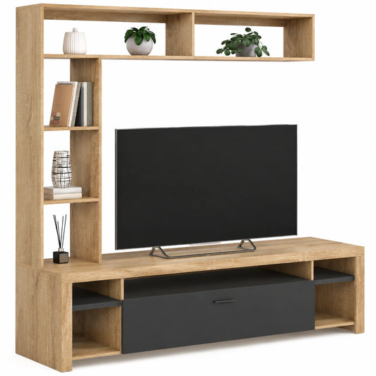 Meuble TV, avec étagères, coloris noir, pour le salon