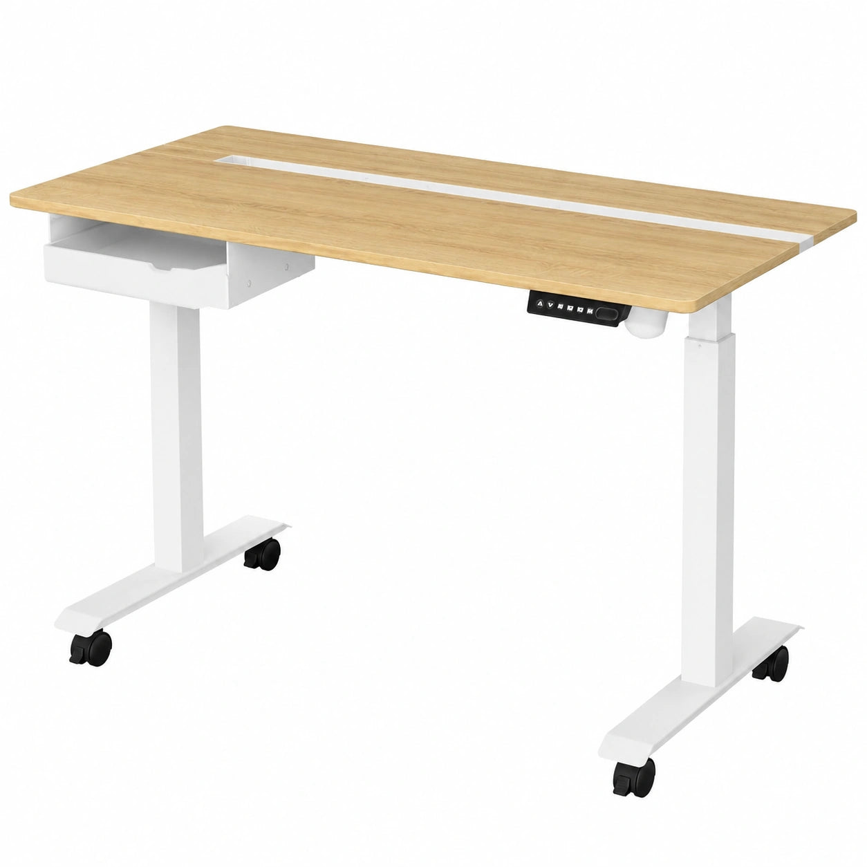 Bureau, réglable, avec tiroirs, avec prise intégrée, en chêne, coloris blanc et naturel, 60 x 120 cm, pour l’espace de travail