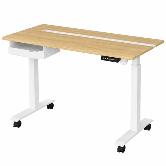 Bureau, réglable, avec tiroirs, avec prise intégrée, en chêne, coloris blanc et naturel, 60 x 120 cm, pour l’espace de travail